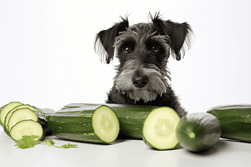 Cute dog with cucumbers and cilantro for pet health snacks.