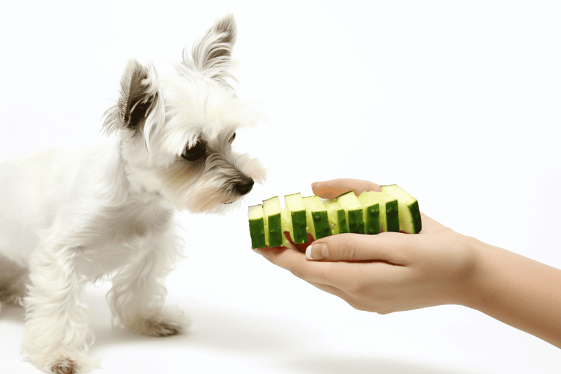 Small dog sniffing cucumber held in hand, healthy pet snack, dog feeding, natural treats for dogs, pet wellness.