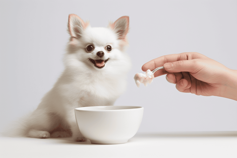 Small white dog being fed with spoon, bowl for dog food, bright minimal background.