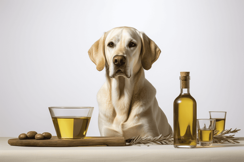 Dog with lavender and oil bottles.