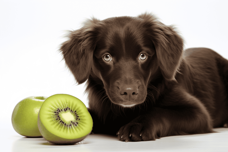 Adorable brown puppy lying next to fresh kiwi slices.