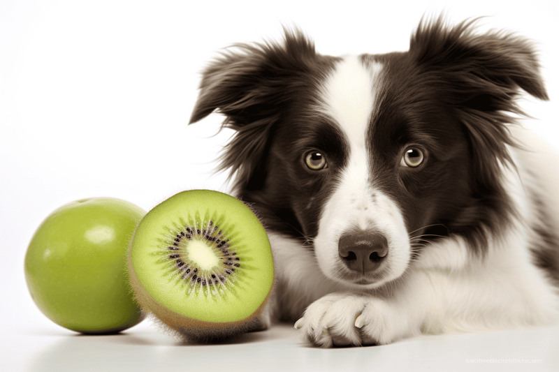 Dog with kiwi and apple, healthy pet snack idea.