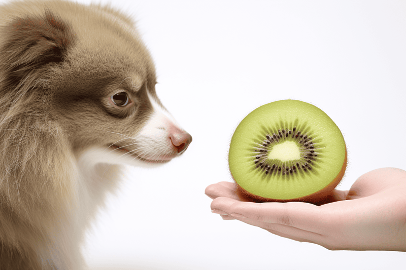 Adorable dog inspecting a fresh kiwi slice, emphasizing nutritious snack options for pets.