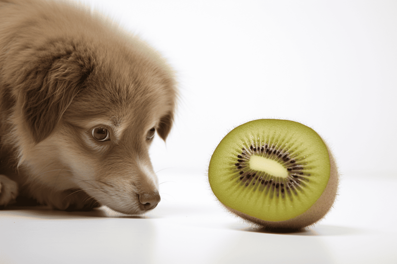 Playful puppy and fresh kiwi fruit for healthy treats or snacks.