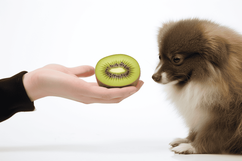 Cute puppy with kiwi fruit.
