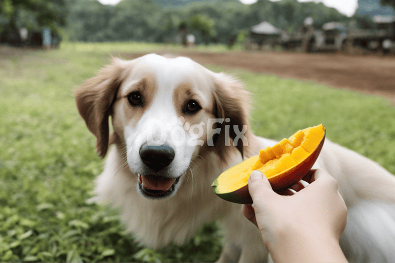 Dog with happy expression receiving fresh mango treat in green field.