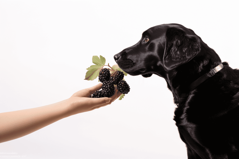 Dog sniffing blackberries from a person's hand, healthy snacks for dogs, natural dog treats, pet nutrition tips.