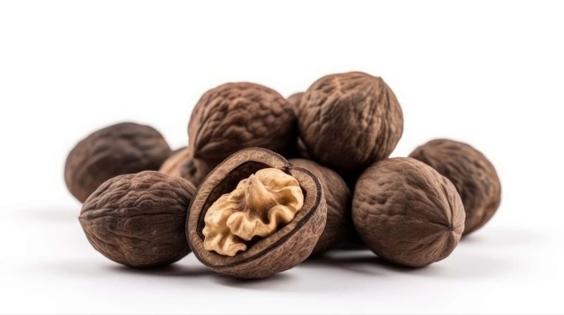 Fresh walnuts and cracked walnut revealing nut kernel on white background.