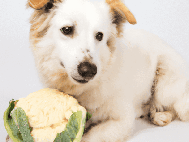Adorable puppy with cauliflower, promoting healthy dog treats and nutrition.