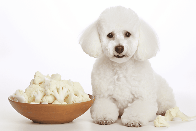 A white fluffy dog sitting next to a bowl of cauliflower florets, emphasizing healthy pet food choices and proper nutrition for dogs.