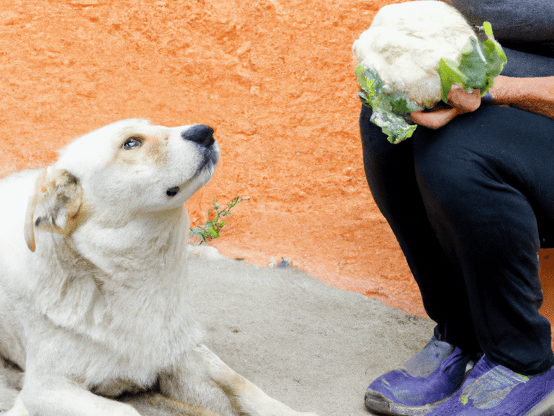 Dog being fed fresh vegetables, owner offers cauliflower and greens outdoors.