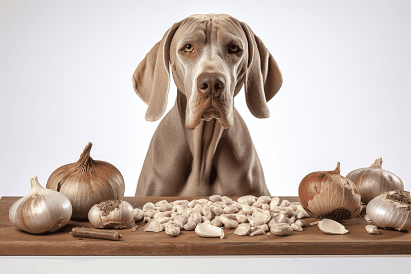 Dog eating garlic and onions, healthy dog food options, balanced canine diet.