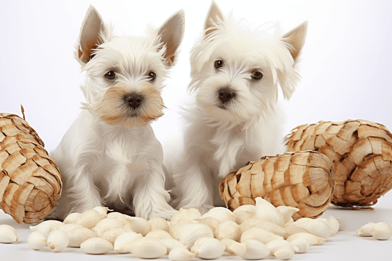 Adorable West Highland White Terrier puppies with garlic bulbs and scapes, ideal for promoting healthy pet nutrition.