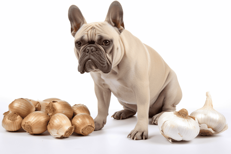 Dog with garlic and onions, healthy treats for dogs, pet nutrition.