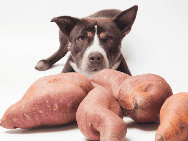 Dog with sweet potatoes, healthy dog treats, natural pet snacks.