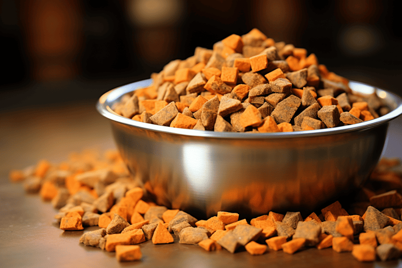 Highly detailed image of dry dog kibble in a bowl, emphasizing quality pet food, suitable for dog owners.