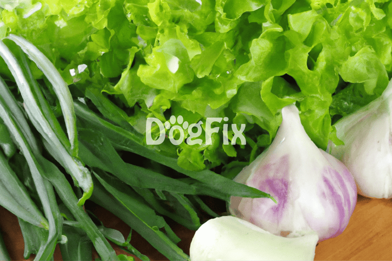 Vibrant leafy greens and garlic bulbs on wooden surface.