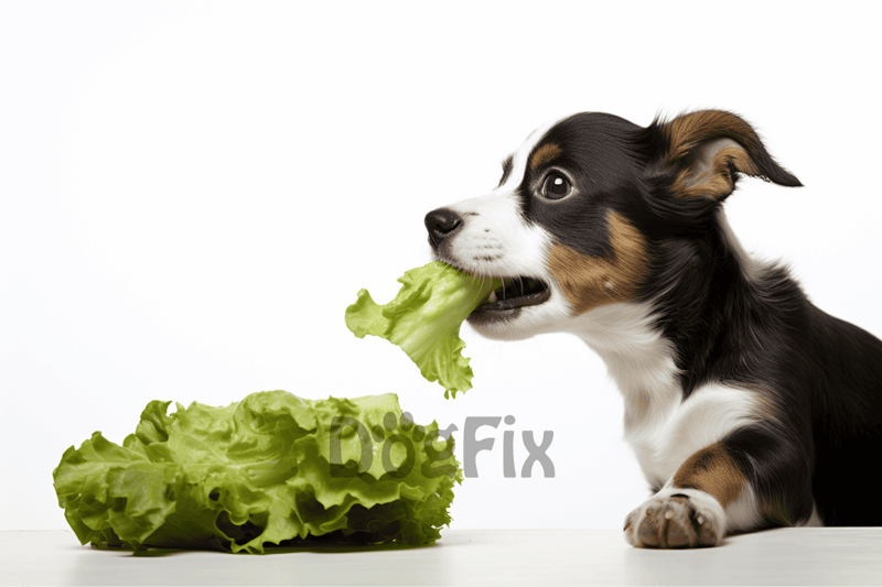 Cute puppy chewing fresh lettuce for healthy dog diet and wellness.