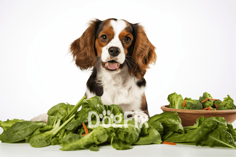 Happy dog with fresh spinach, broccoli, and carrots on white background.