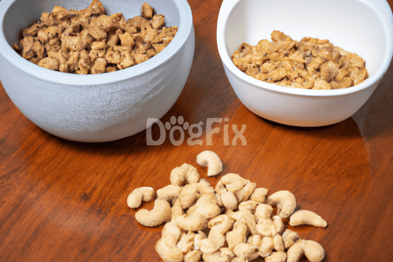 Dog treat bowls filled with crunchy and chewy treats for dogs, on a wooden table.