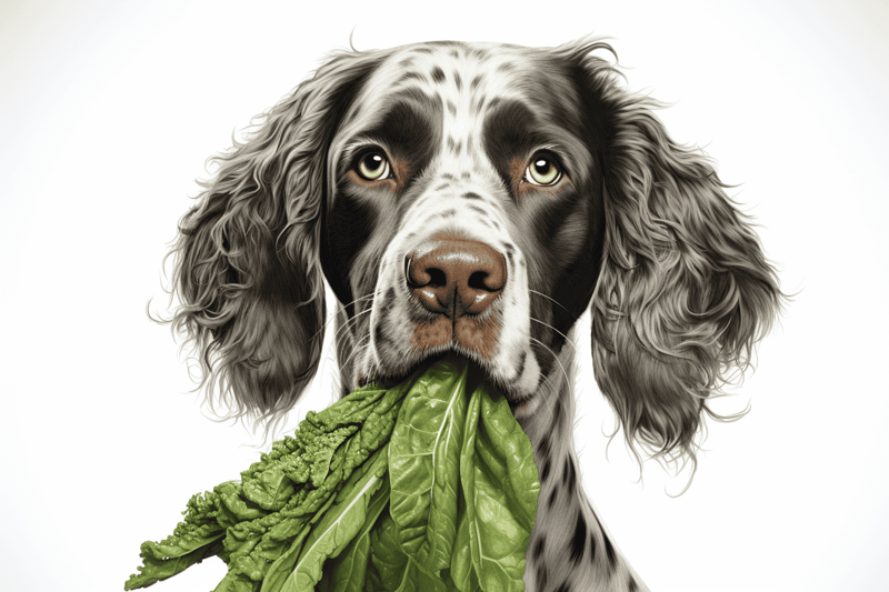 Dog eating fresh green leafy vegetables for a nutritious diet.
