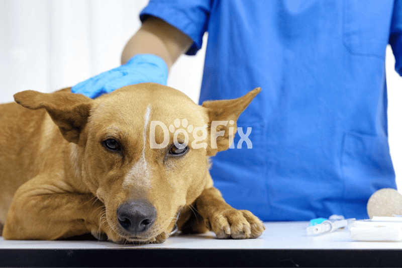 Dog in veterinary exam room with vet assistant.