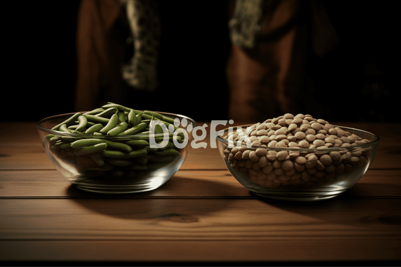 Healthy dog food ingredients, green beans and lentils in glass bowls on wooden table.