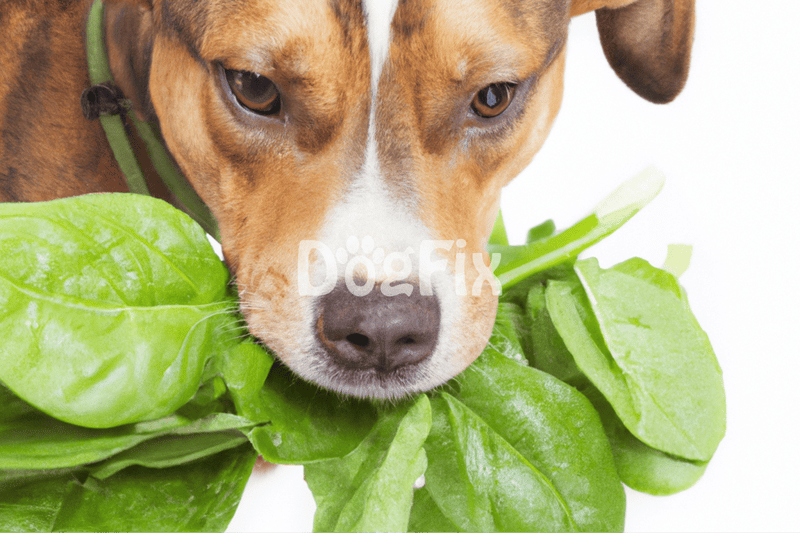 Adorable dog smelling fresh spinach leaves, emphasizing natural pet health and wellness.
