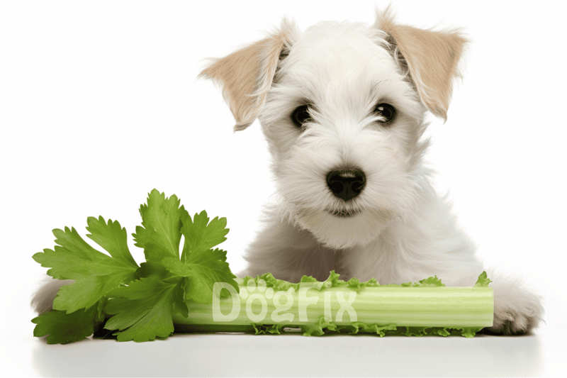 Adorable puppy with white and tan fur sitting next to fresh celery and greens on white background.
