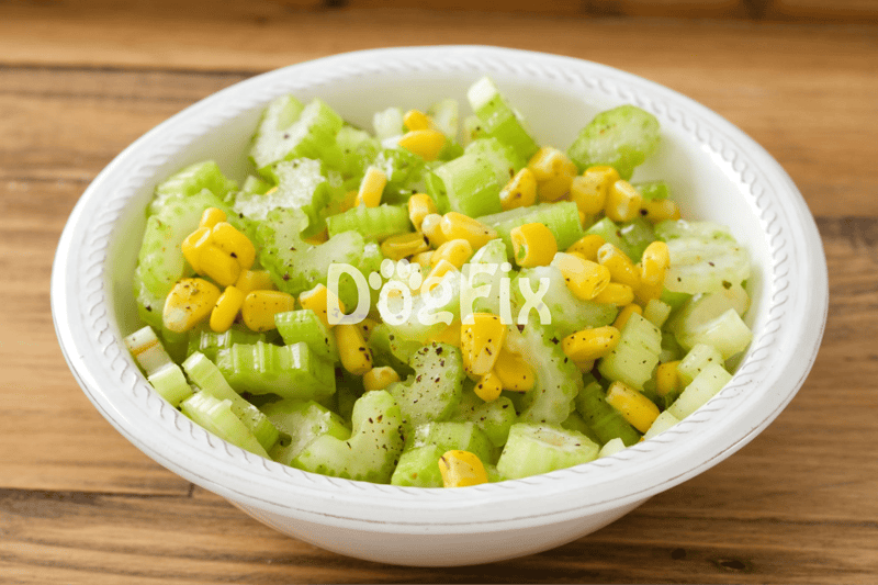 Healthy celery and corn salad as a nutritious dog treat or meal supplement.