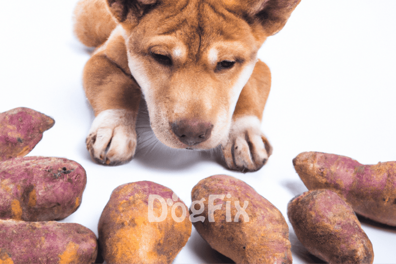 Adorable dog and healthy sweet potatoes - natural, nutritious dog treats for wellness and happiness.