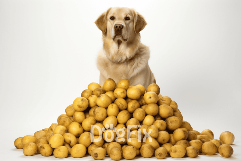 Dog with a pile of potatoes, promoting healthy dog food options and pet nutrition.