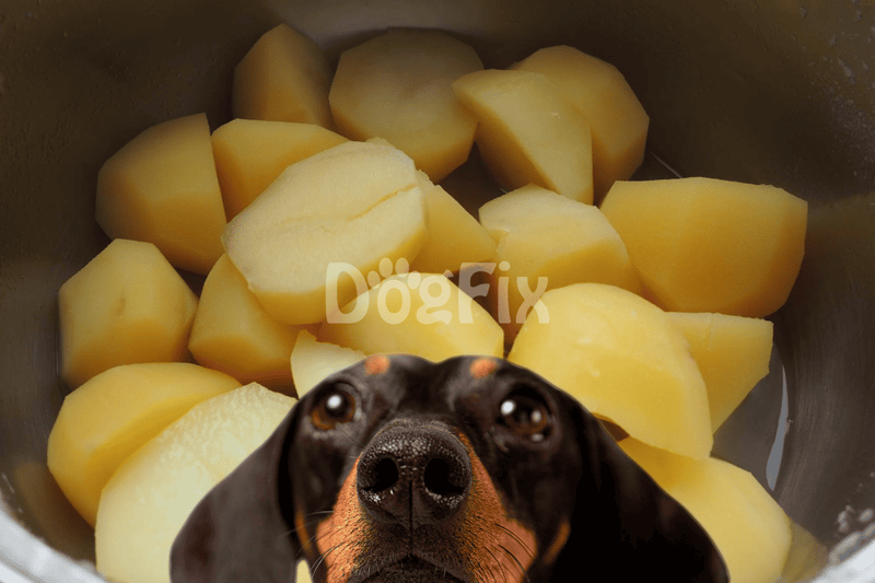 Close-up of a dog's face with peeled potatoes in the background.
