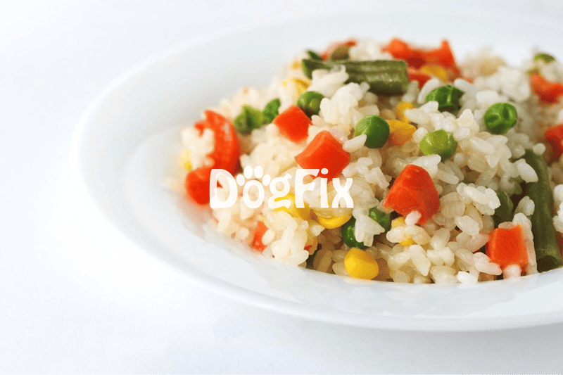Colorful cooked rice with vegetables, suitable for dogs' nutritious diet.