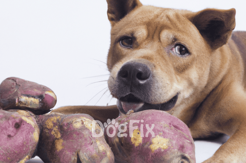 Dog with sweet potatoes, healthy treats for dogs.