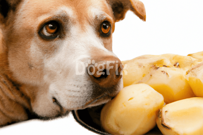 Close-up of a cute dog with brown eyes and a banana, emphasizing healthy dog treats on Dogfix.com.