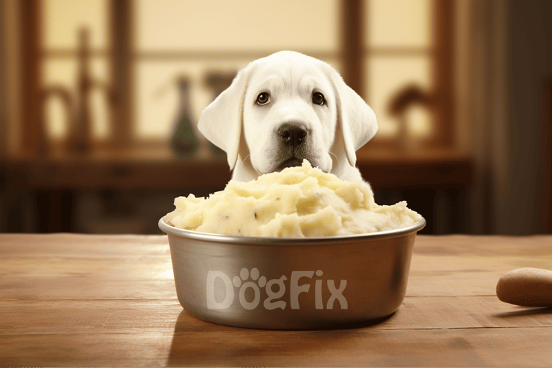 Adorable Labrador puppy with a bowl of mashed potatoes, promoting healthy dog diet care.