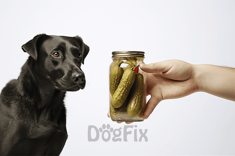 Dog looking at jar of pickles, humane pet care, dog nutrition, healthy treats for dogs, Dogfix.com.