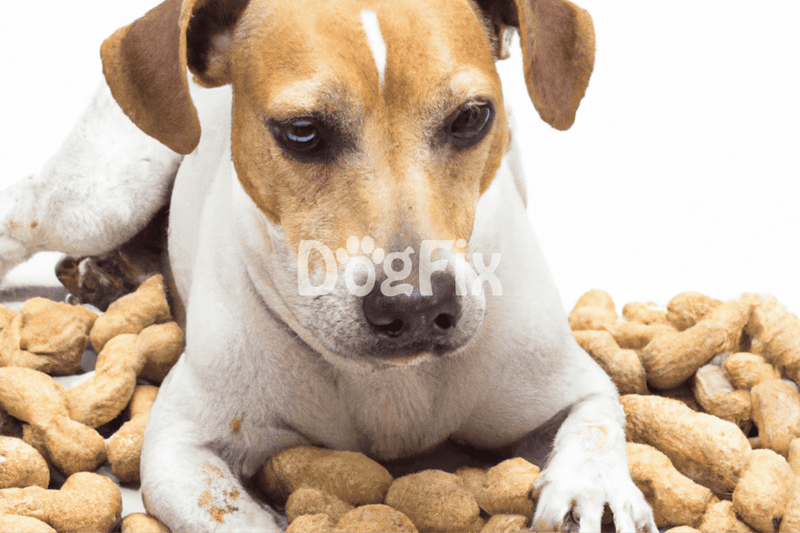 Dog lying on treats, healthy dog snack, pet care, dog nutrition, Dogfix.com.