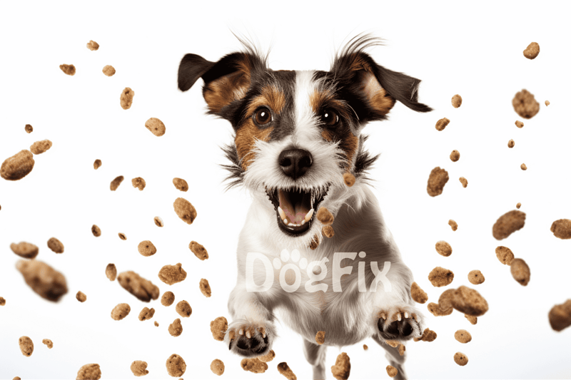 Adorable dog catching kibble mid-air, showcasing pet agility and playful nature.