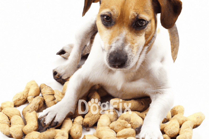 Adorable puppy surrounded by crunchy peanut-shaped dog treats on white background.