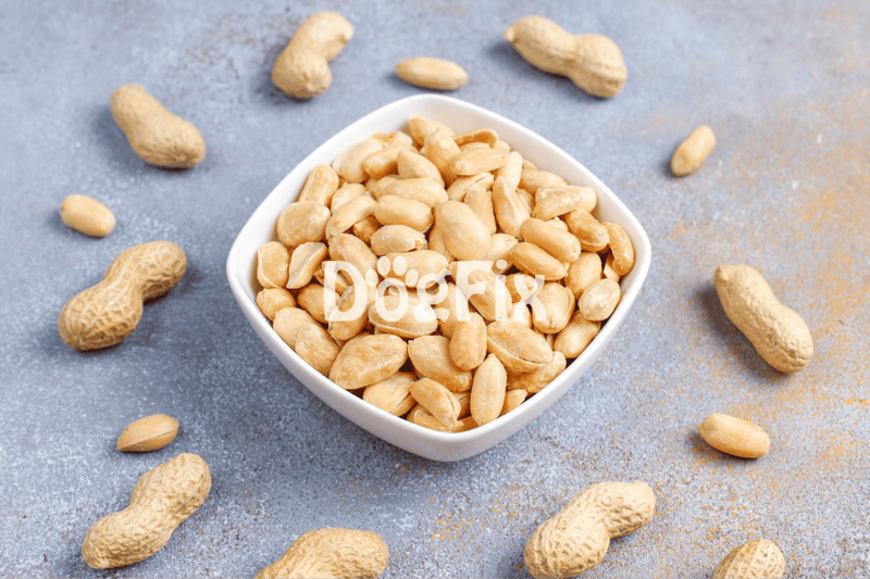 Peanut shaped dog treats in a white bowl with scattered peanuts around, on a textured gray surface.