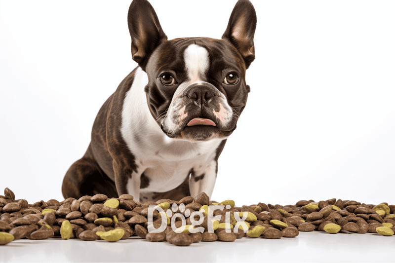 Adorable French Bulldog surrounded by dog food, promoting healthy pet nutrition via DogFix.com.