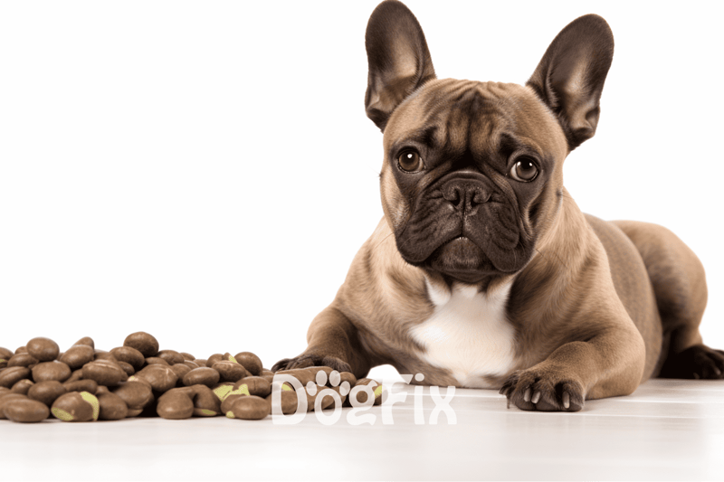 Adorable French Bulldog puppy lying next to dry dog food on a white background.