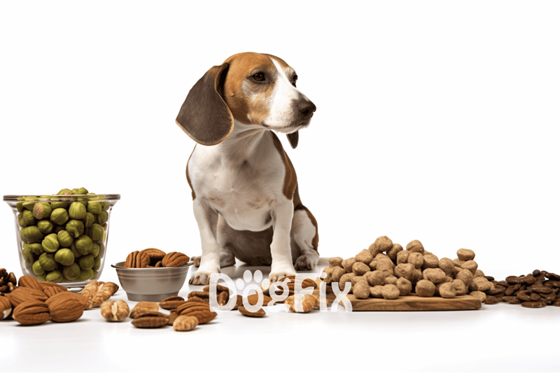 Cute beagle puppy surrounded by dog treats, nuts, and healthy snacks for optimal pet nutrition.