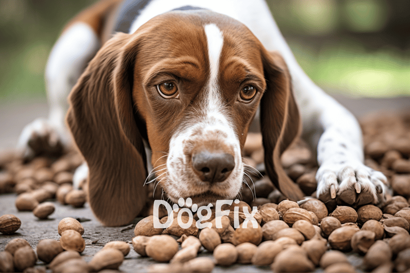 Adorable basset hound puppy resting on walnuts, outdoor scene, cute dog, playful puppy, pet photography.