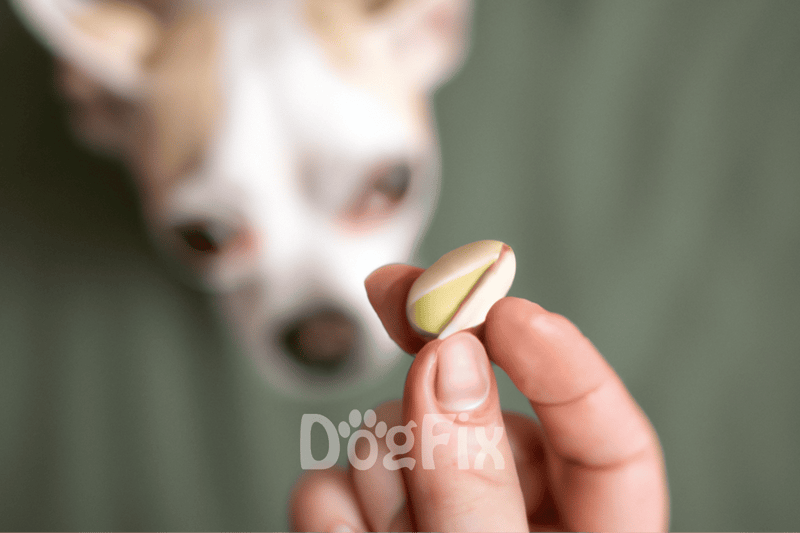 Close-up of a person holding a tablet with a dog in the background.