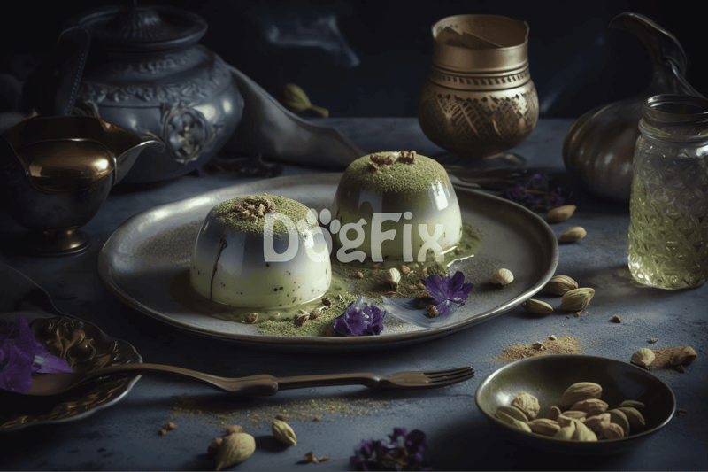 Luxurious pistachio and floral dessert presented on a dark, sophisticated table setting.