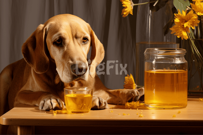 Dog drinking honey from a small glass on a wooden table with flowers.