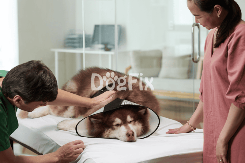 Dog undergoing veterinary examination with protective cone.